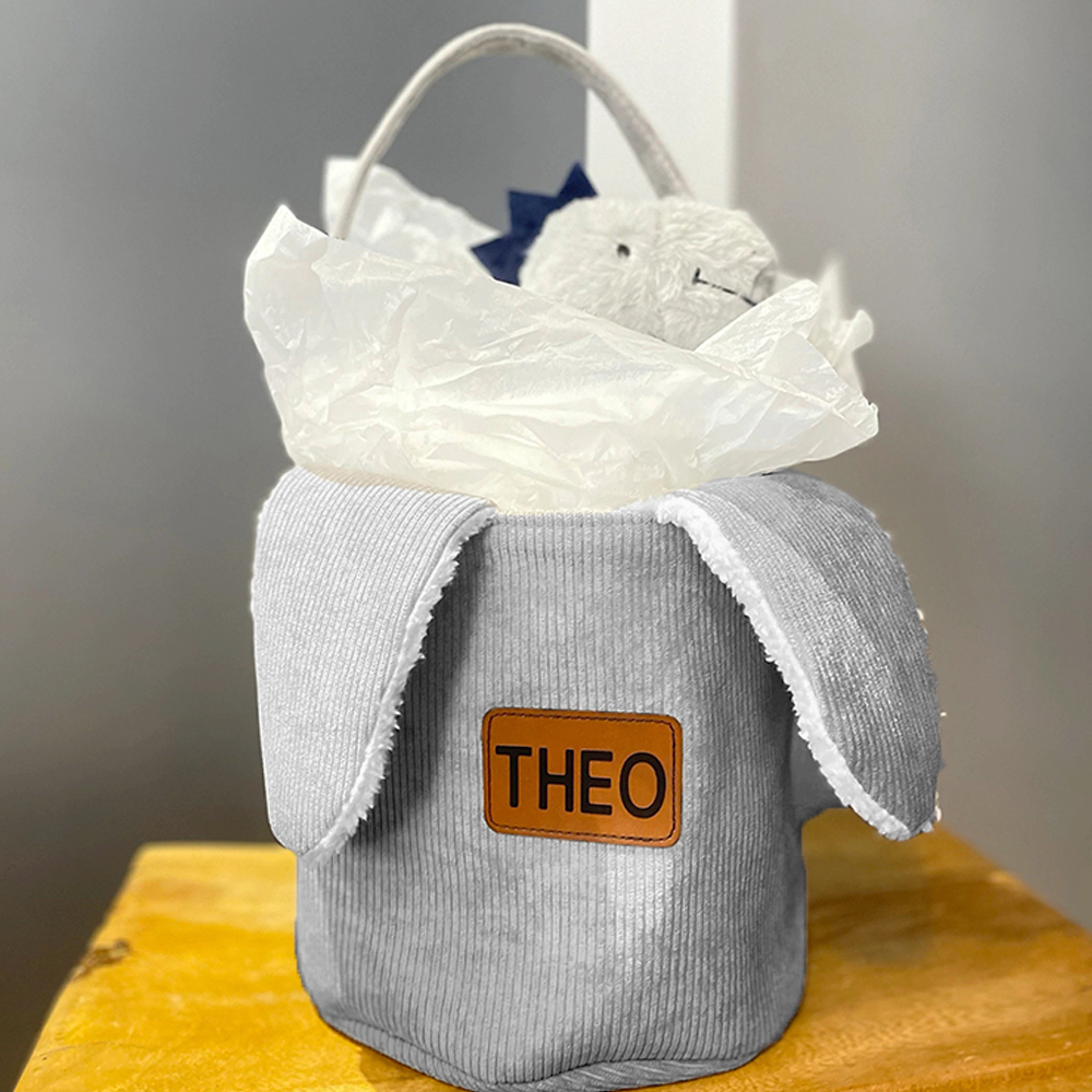 Personalized Leather Patch Corduroy Easter Bunny Basket | CWEaster4301