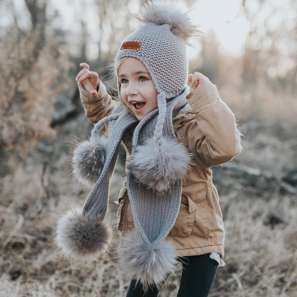 Personalized Leather Patch  Pom Pom Knit Hat With Tassels | HSKid46