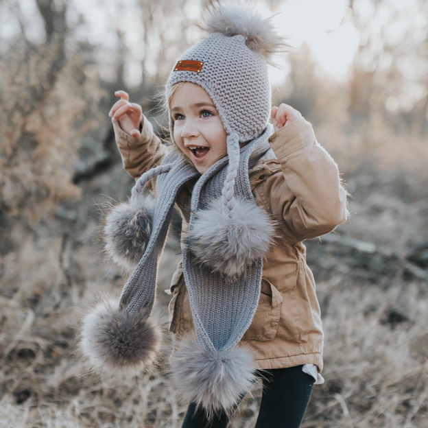 Personalized Leather Patch  Pom Pom Knit Hat With Tassels | HSKid46