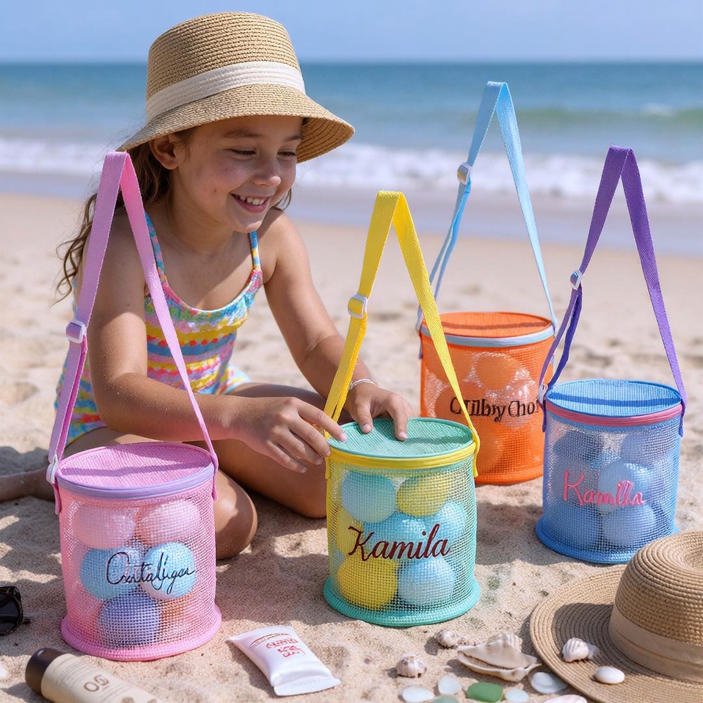 Personalized Embroidery Seashell Zipper Mesh Beach Bucket | CWBeach114
