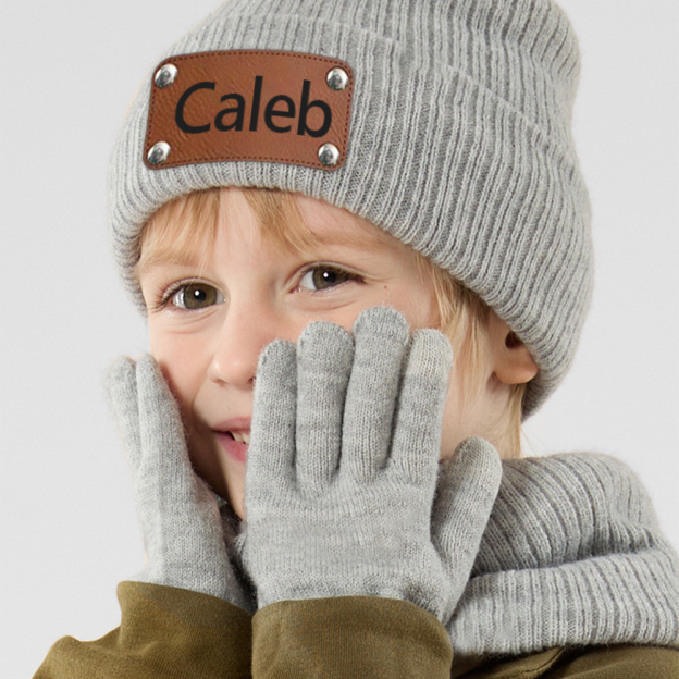 Personalized Leather Patch Kid Winter Hat Glove Scarf Set | HSKid69