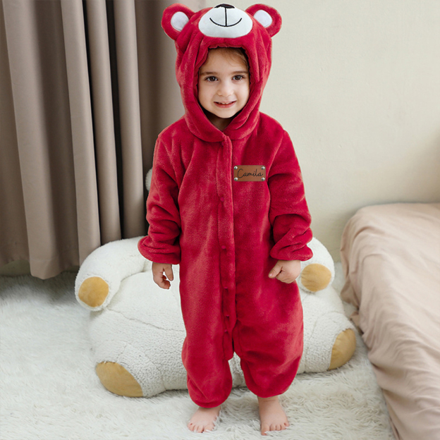 Personalized Leather Patch Baby Lovely Bear Animal Romper | CWBaby288