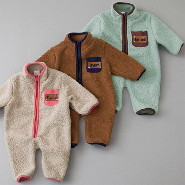 Personalized Leather Patch Baby Soft Sherpa Jumpsuit | CWBaby290