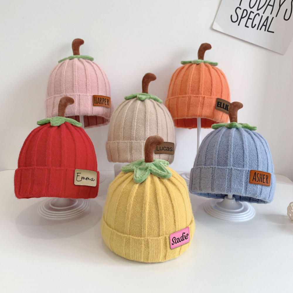 Personalized Leather Patch Pumpkin Wool Beanie | CWHalloween46