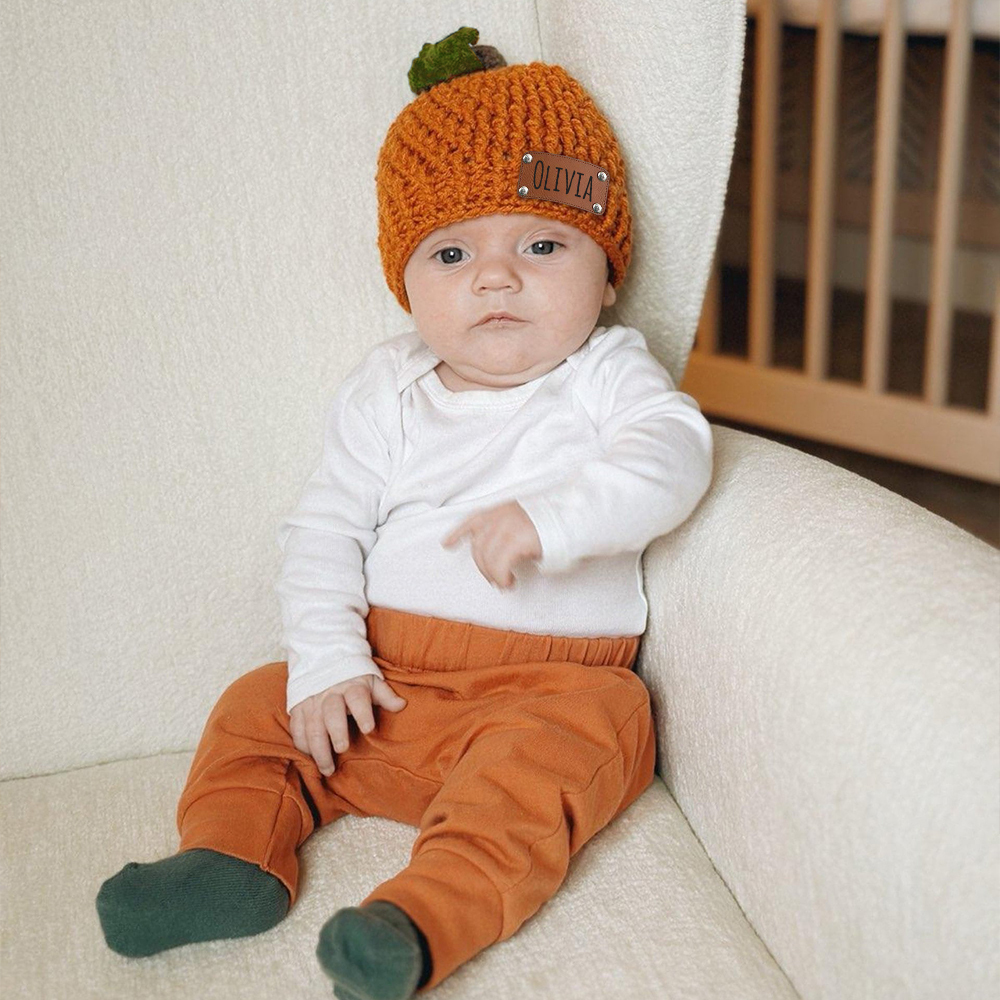 Personalized Leather Patch Pumpkin Wool Beanie | CWHalloween72