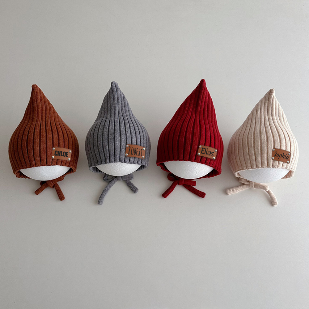Personalized Leather Patch Knit Pixie Hats | HSKid58