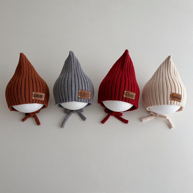 Personalized Leather Patch Knit Pixie Hats | HSKid58