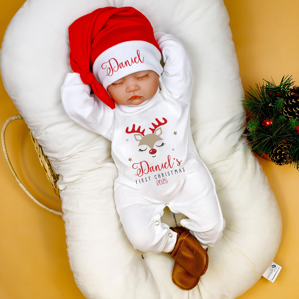 Personalized Baby 1st Christmas Ropmer and Hat Set | MCGift141