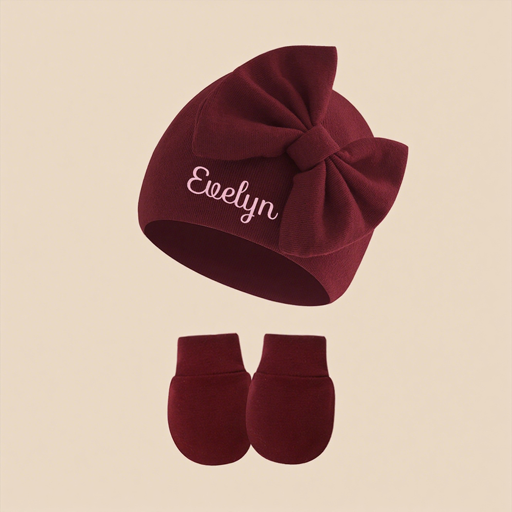 Personalized Newborn Coming Home Bow Beanie And Gloves Set | HSKid62