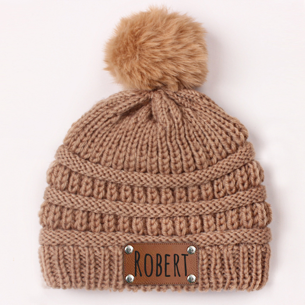 Personalized Leather Patch Kid Colorful Pom Pom Hat | HSKid63