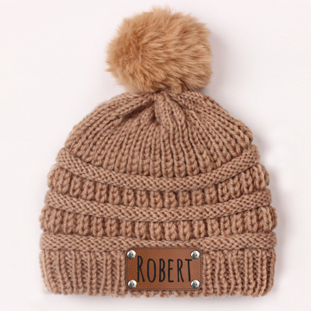 Personalized Leather Patch Kid Colorful Pom Pom Hat | HSKid63