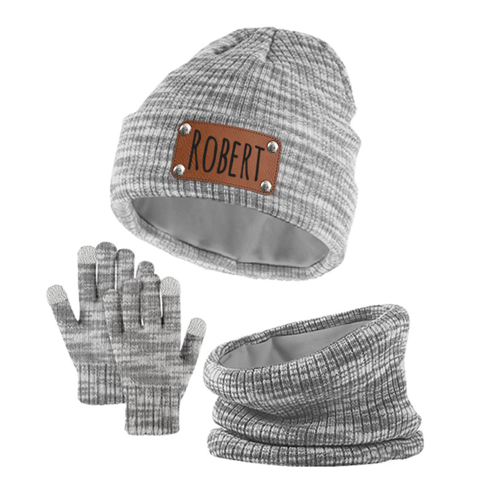 Personalized Leather Patch Kid Winter Hat Glove Scarf Set | HSKid69