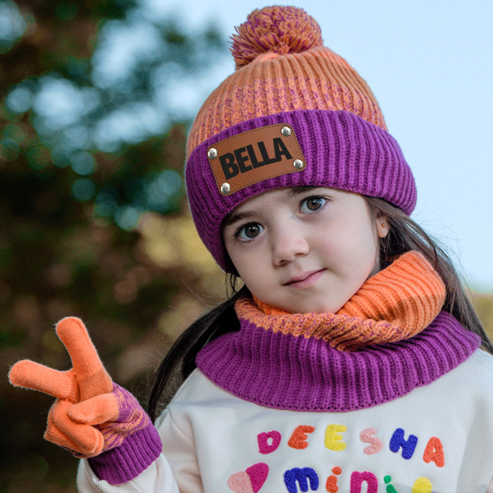 Personalized Leather Patch Kid Winter Hat Glove Scarf Set | HSKid70