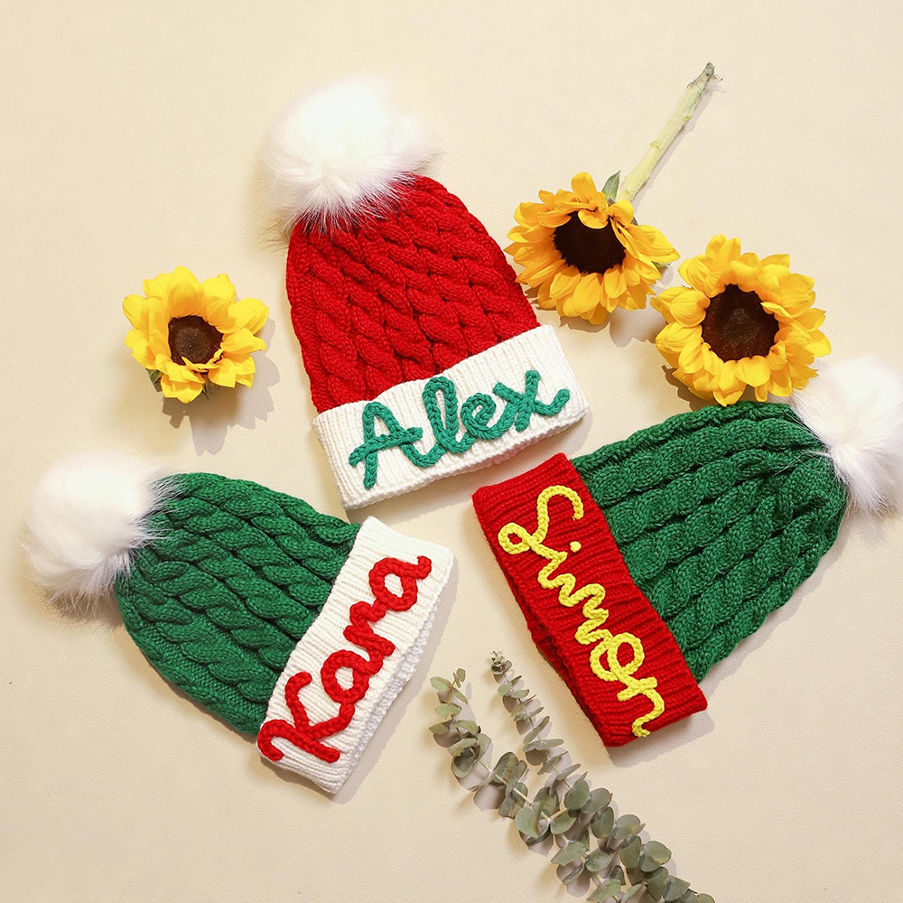 Personalized Hand Embroidery Christmas Pom Pom Hat | HSKid71