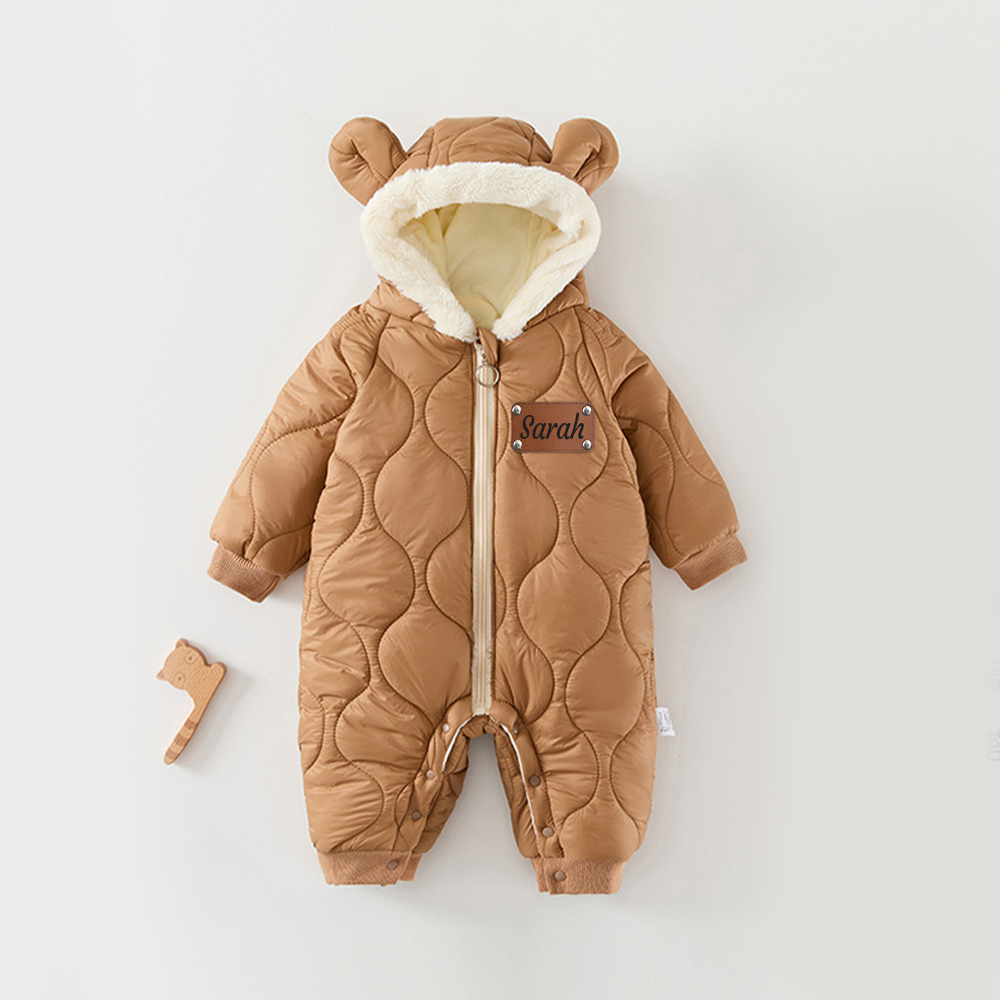 Personalized Leather Patch Kids Thickened Puffer Romper | CWBaby334