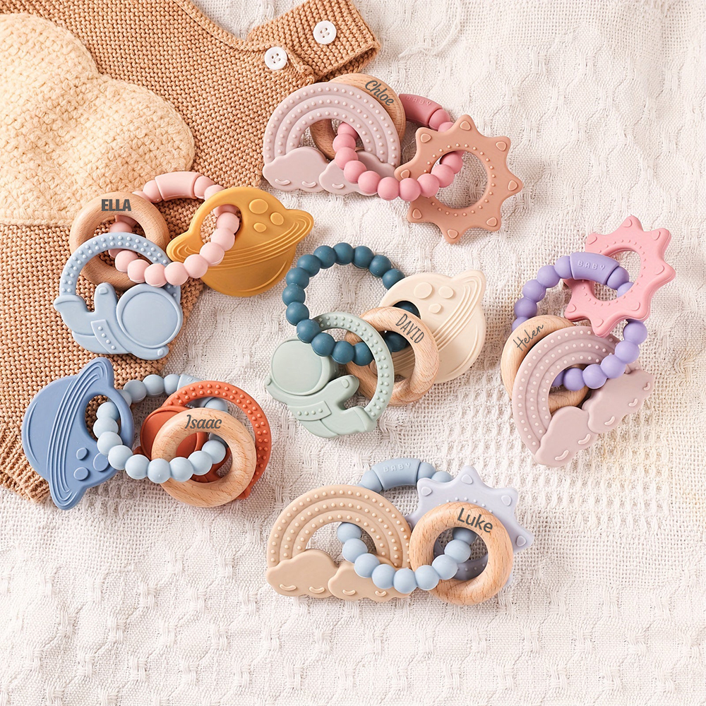 Personalised Baby Food Silicone & Wooden Sensory Teething Ring | CWToy162