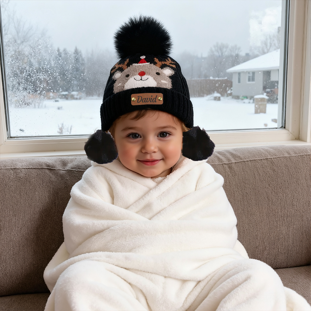 Personalized Leather Patch Adorable Elk Warm Winter Pom Pom Hat | HSKid77