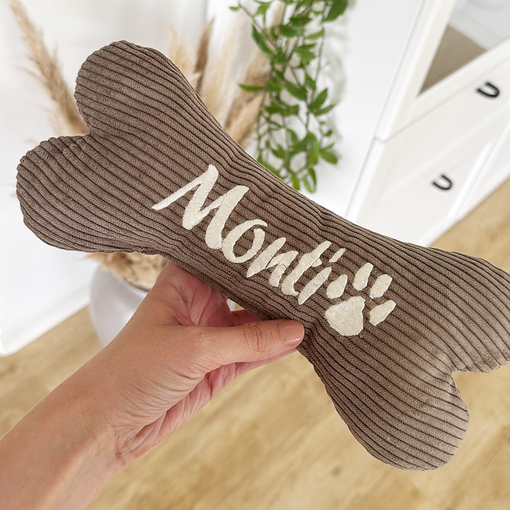Personalized Embroidered Corduroy Puppy Bone Squeaker Toy | BKPet257