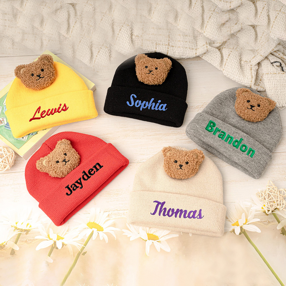 Personalized Embroidery Organic Cotton Baby Beanie with Teddy Bear | HSKid78