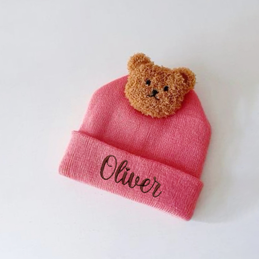 Personalized Embroidery Organic Cotton Baby Beanie with Teddy Bear | HSKid78