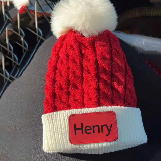 Personalized Leather Patch Christmas Pom Pom Hat | HSKid80