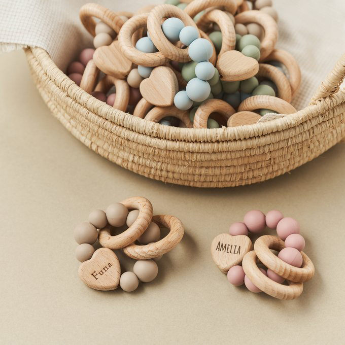 Personalized Baby Sensory Silicone Wooden Toy Ring | CWToy169