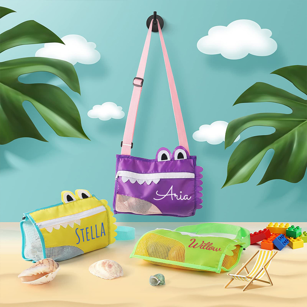 Personalized Kids Crocodile Seashell Zipper Mesh Beach Bag | CWBeach93