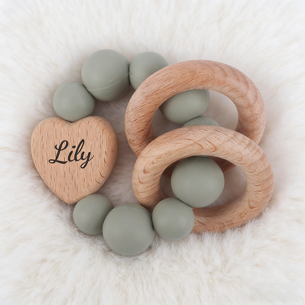 Personalized Baby Sensory Silicone Wooden Toy Ring | CWToy169