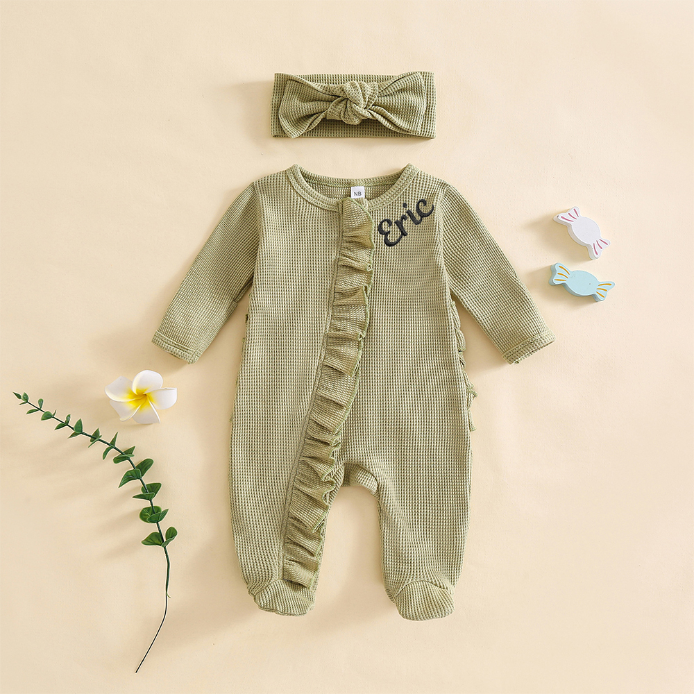 Personalized Newborn Embroidery Waffle Ruffled Romper With Bow | CWBaby426