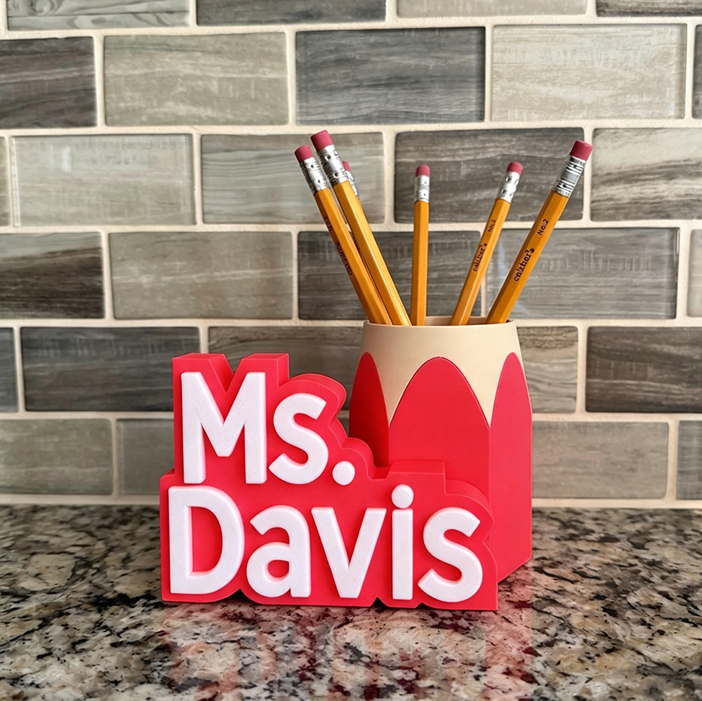 Personalized 3D Printed Teacher Pen Cup and Name Stand | CWTeach14