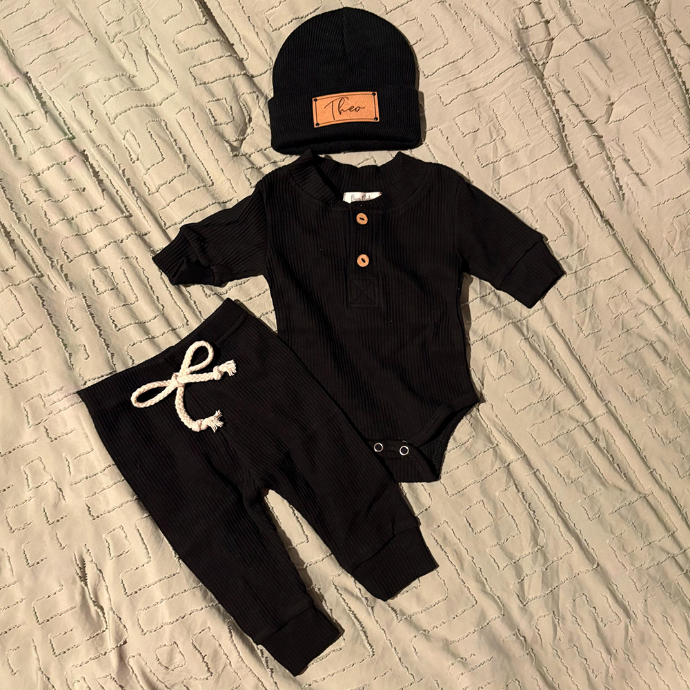 Personalized Leather Patch Baby Beanie Outfit Set | CWBaby84