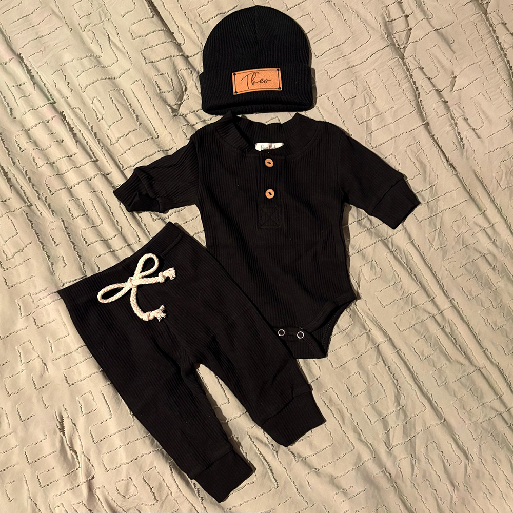 Personalized Leather Patch Baby Beanie Outfit Set | CWBaby84