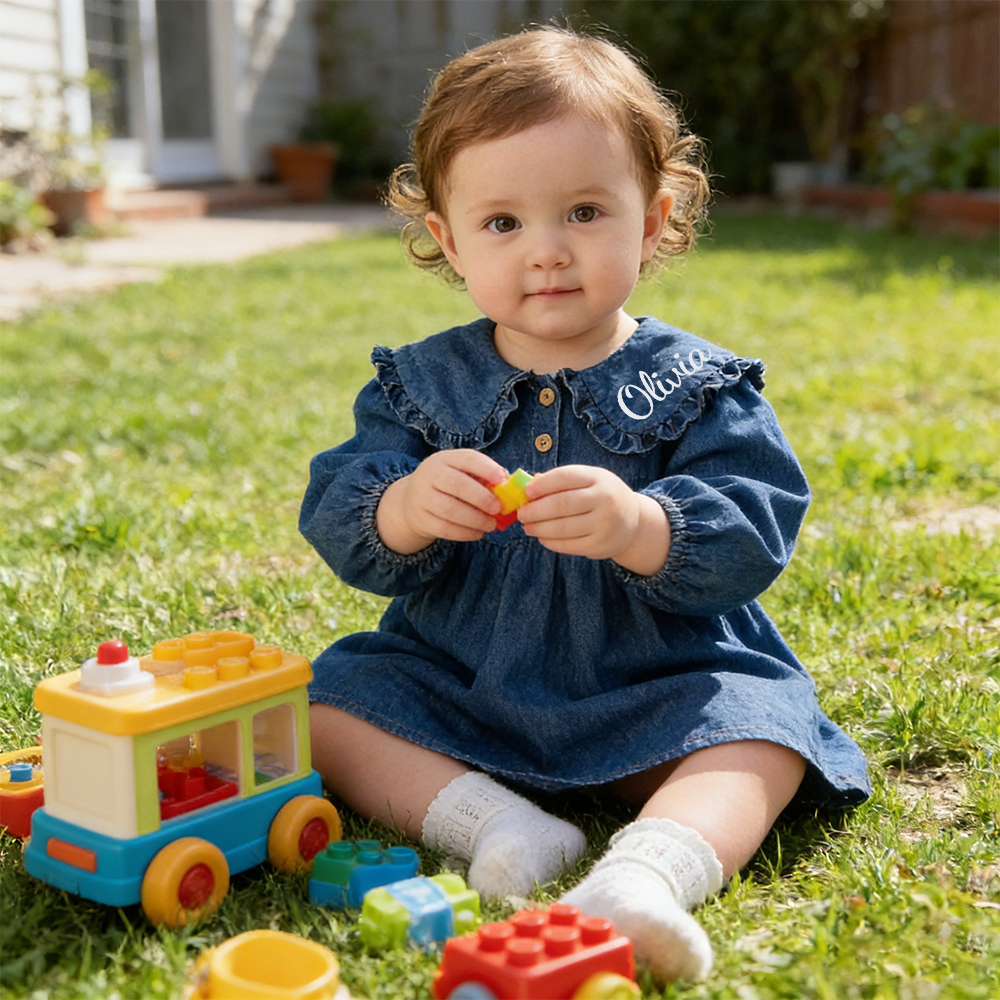 Personalized Baby Girl Vintage Puff Sleeves Denim Dress | CWBaby478