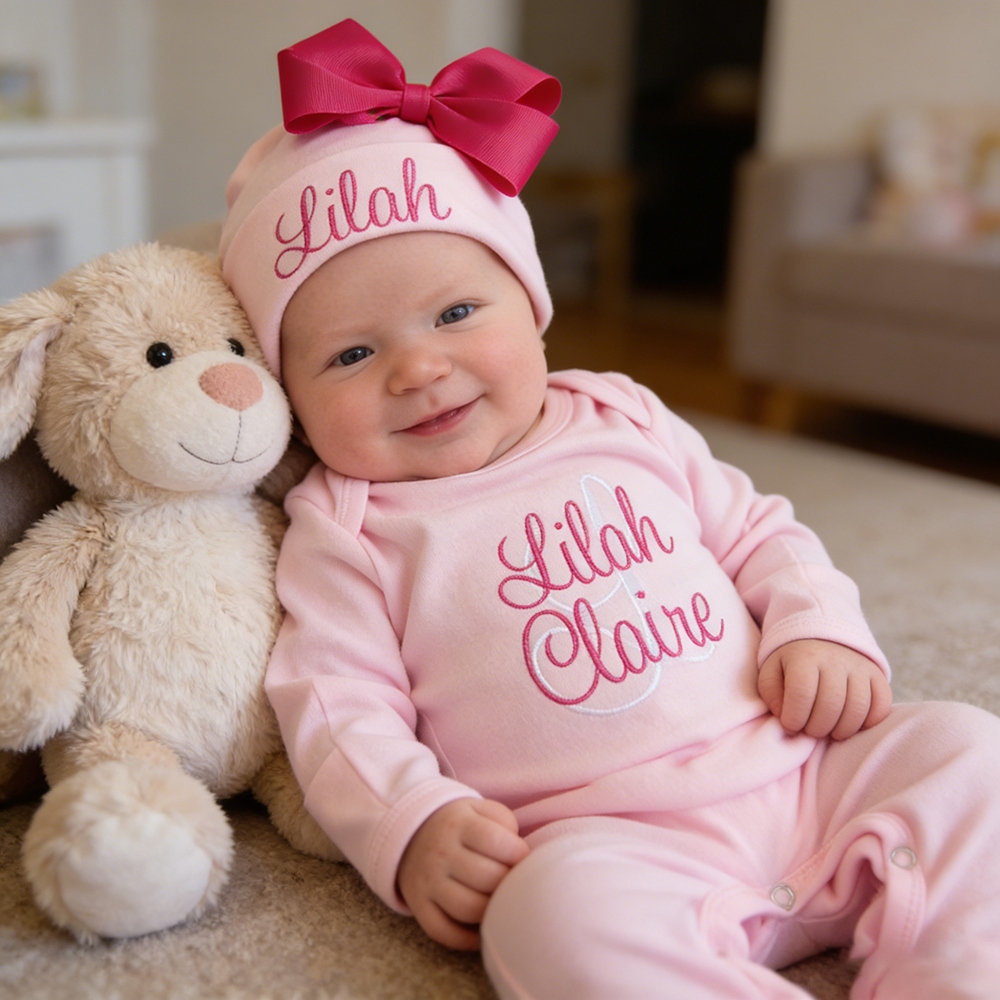 Personalized Embroidery Baby Girl Coming Home Romper and Hat Set | CWBaby479