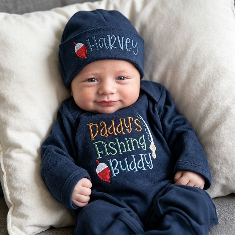 Personalized Embroidery Daddy's Fishing Buddy Romper and Hat Set | CWBaby481