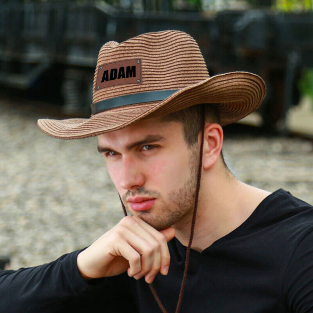 Personalized Leather Patch Cowboy Straw Hat | CWBeach106