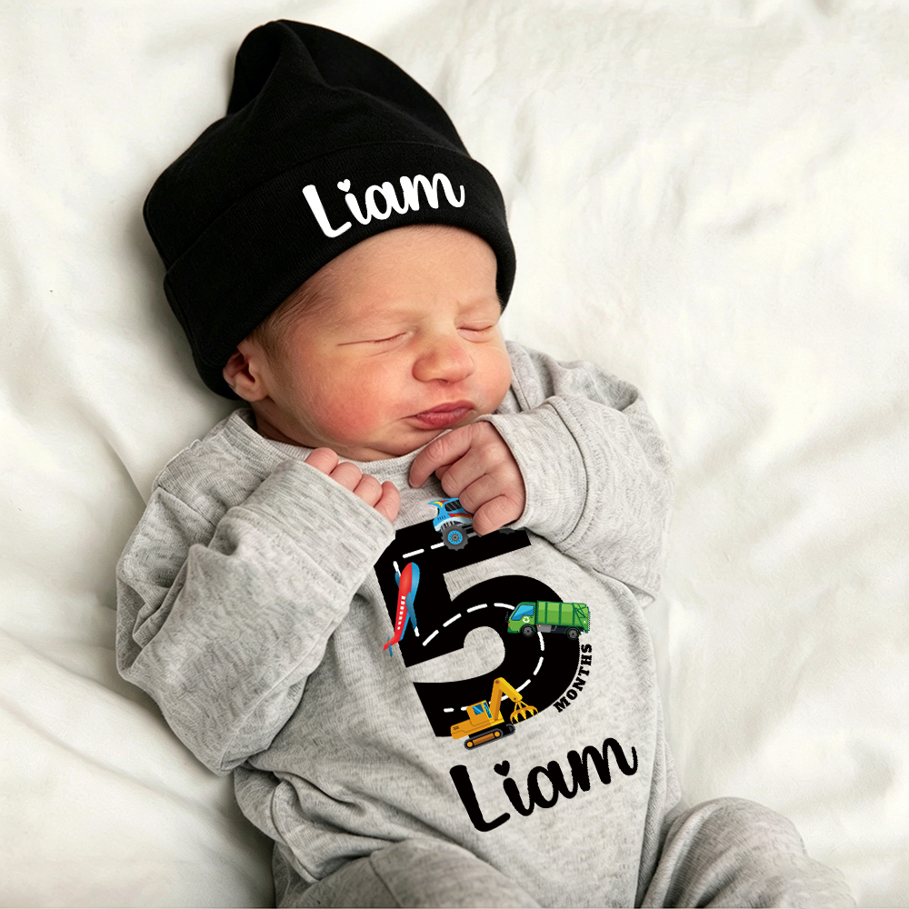 Personalized Baby Transportation Vehicle Romper With Hat Set | CWBaby497