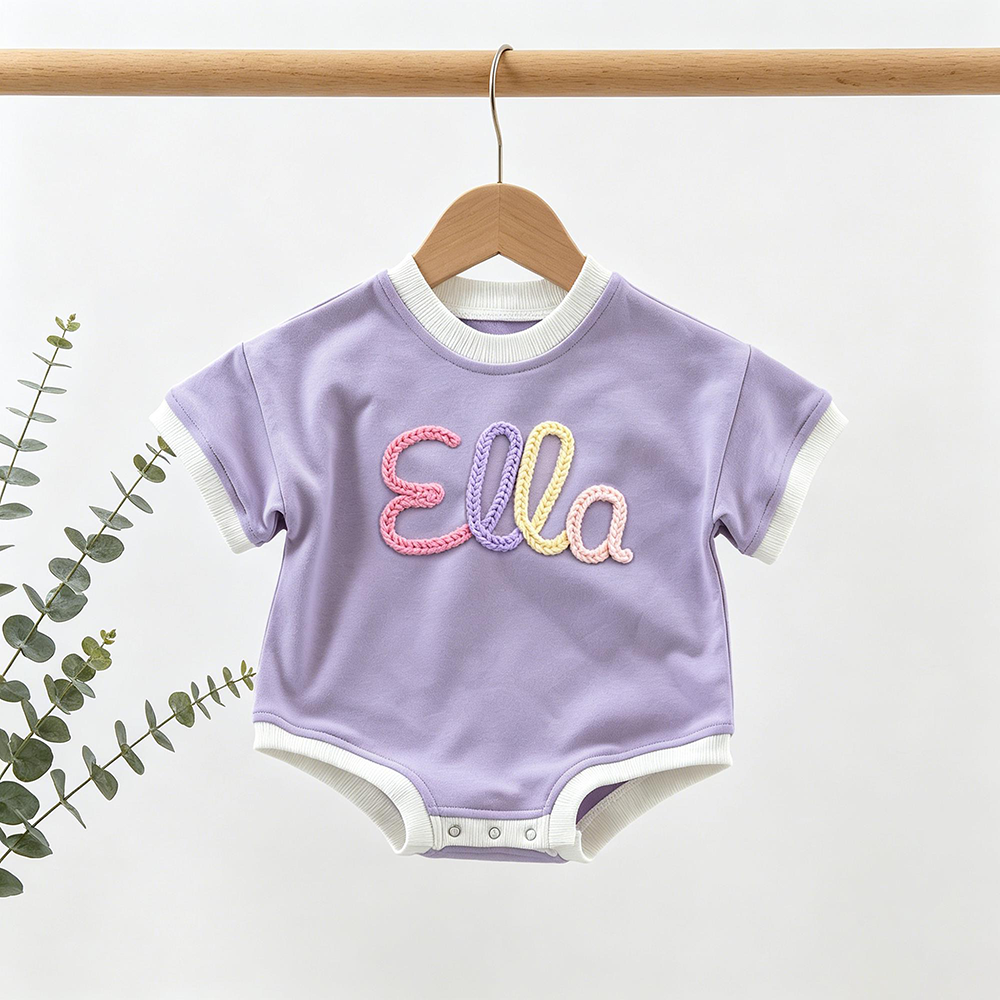 Personalized Hand Embroidered Short Sleeve Baby Bubble Romper | CWBaby503