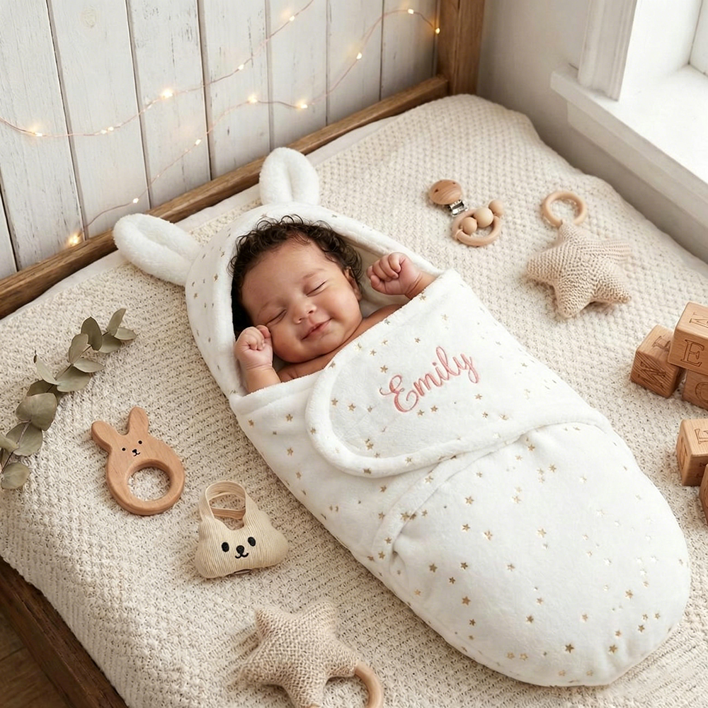 Personalized Baby Flannel Bunny Ear Swaddle Wrap | CWBaby507