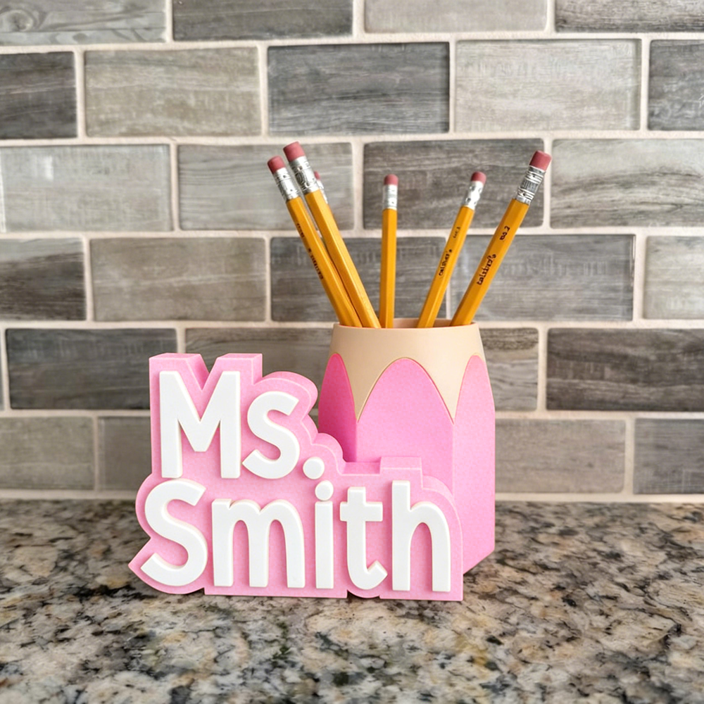 Personalized 3D Printed Teacher Pen Cup and Name Stand | CWTeach14