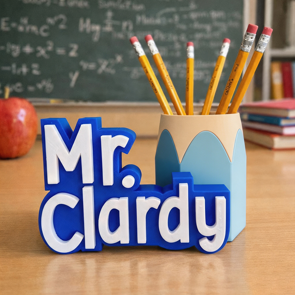 Personalized 3D Printed Teacher Pen Cup and Name Stand | CWTeach14