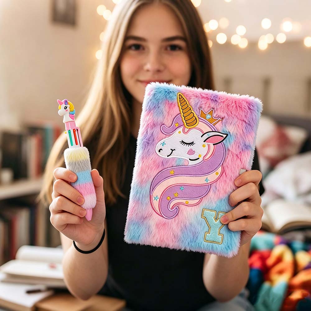 Personalised Chenille Patch Unicorn Fluffy Diary and Pen Set | CWToy196
