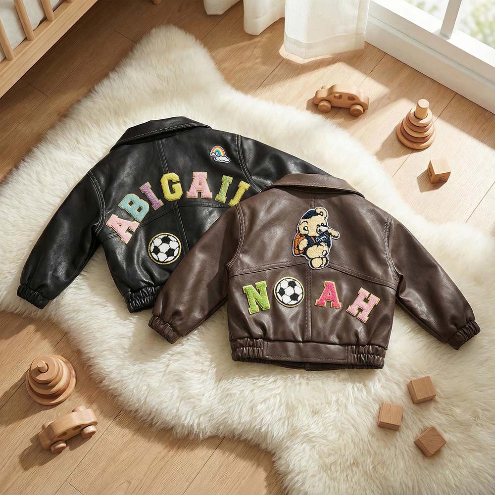 Personalized Chenille Patch Baby Vegan Leather Jacket | CWBaby518