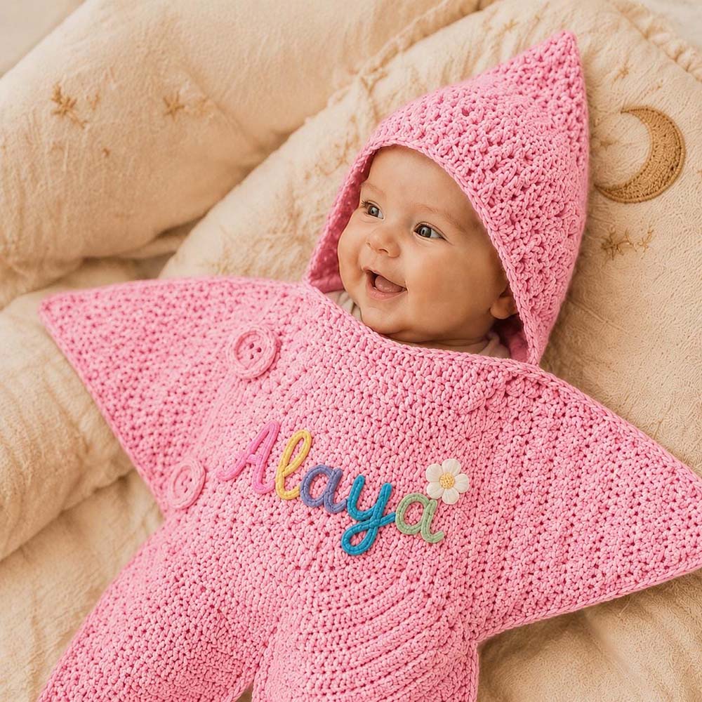Personalized Hand Embroidered Hooded Crochet Star Baby Outfit | CWBaby524