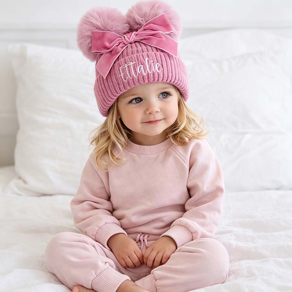 Personalized Embroidered Baby Pom Pom Hat with Bow | HSKid85