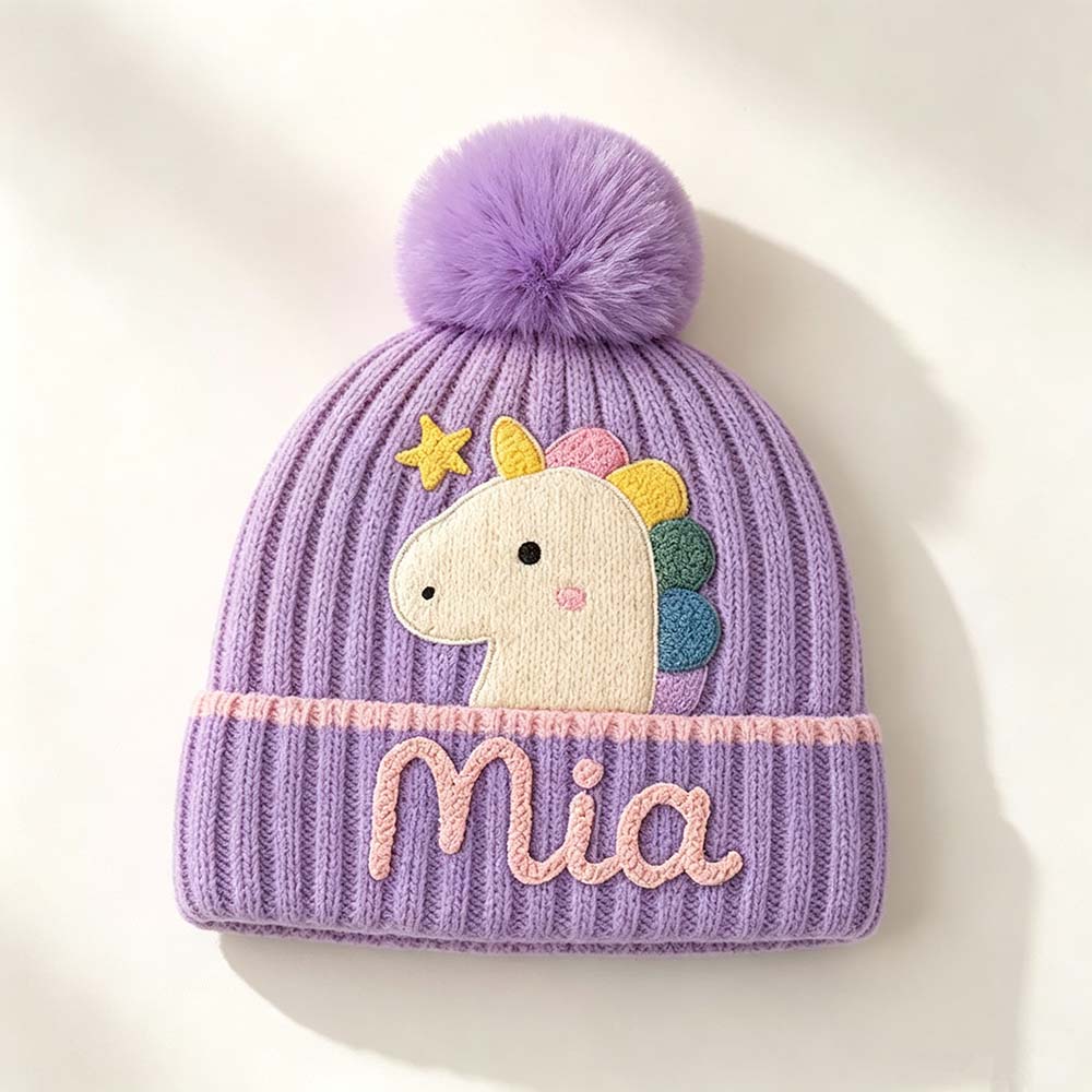 Personalized Hand Embroidery Cartoon Animal Pom Pom Beanie WinterHat | HSKid90