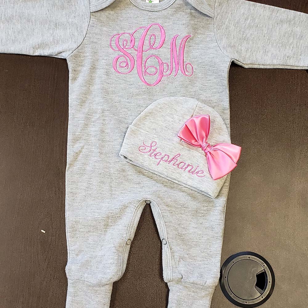 Personalized Embroidery Baby Monogram Romper and Hat Set | CWBaby525