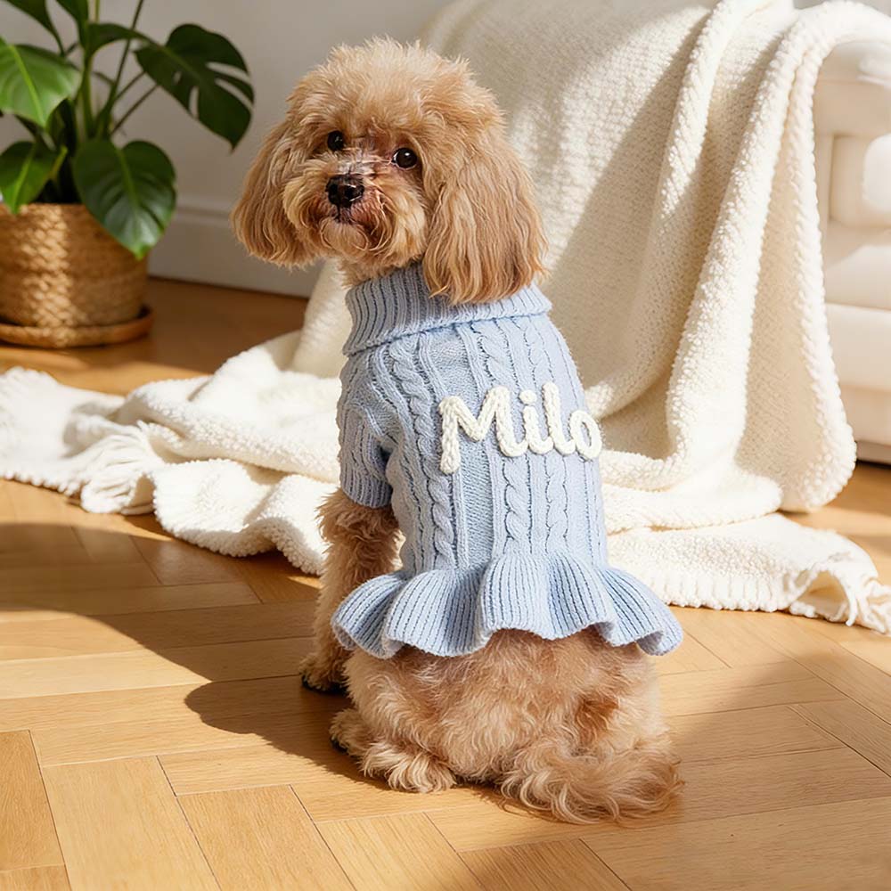 Personalized Hand Embroidered Pet Knitted Ruffle Sweater Dress | BKPet578