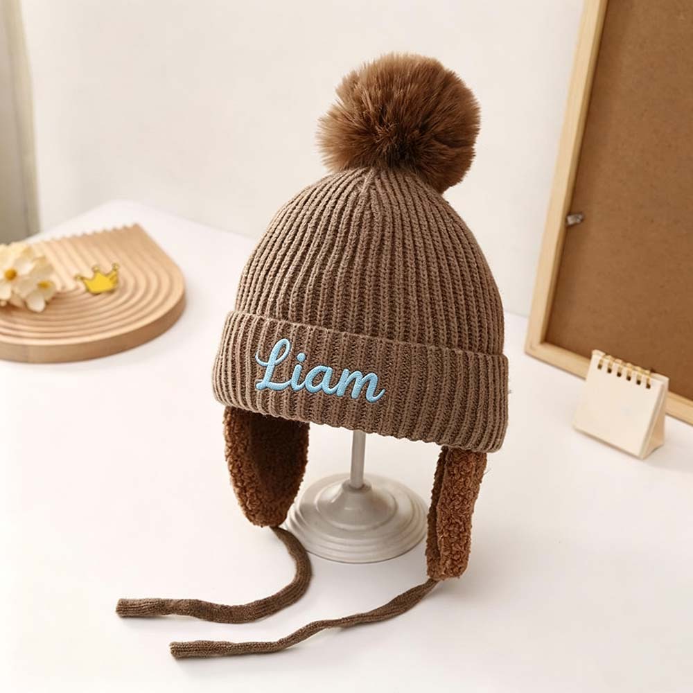Personalized Embroidered Kids Winter Hat With Ear Flaps & Pom Pom | HSKid93