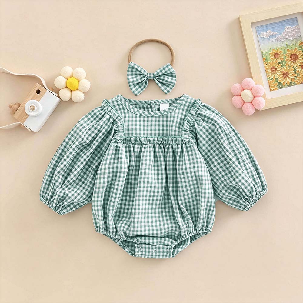 Personalized Embroidered Baby Girl Bubble Gingham Romper with Matching Bow | CWBaby533
